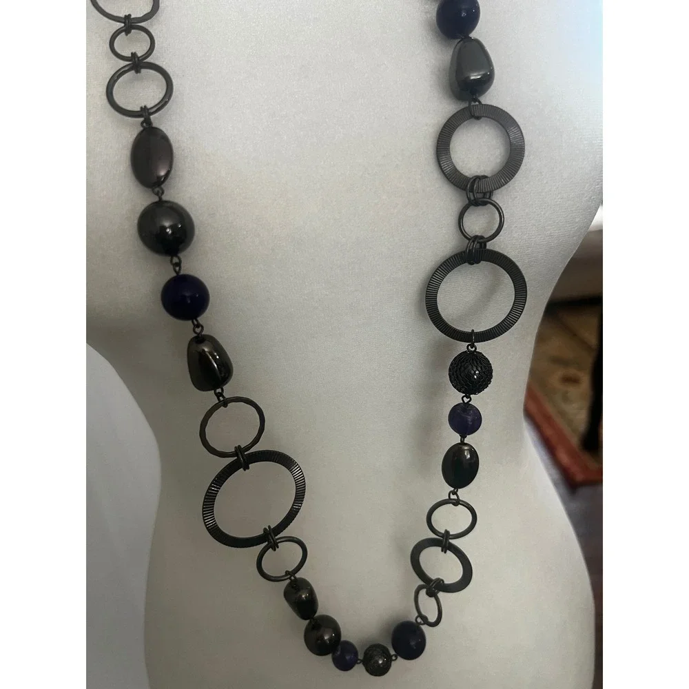 Vtg‎ Style Gunmetal Purple Bead Long Statement Necklace Textured Rings 40-44